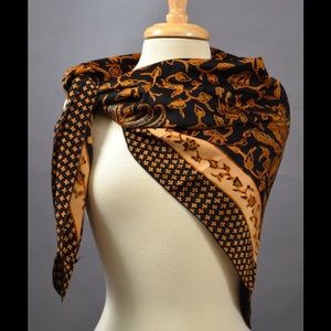 Black gold floral elegant silk scarf. Batik print